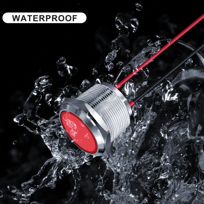 FICOLPO 5 قطع ضوء مؤشر معدني LED مقاوم للماء، 12-24 فولت، ثقب تركيب بقطر 0.87 بوصة، ضوء إشارة طيار موصل مسبقًا للسيارات والشاحنات والقوارب والبحرية والعدادات والكهرباء الصناعية (أحمر، 22 مم) - Image 2